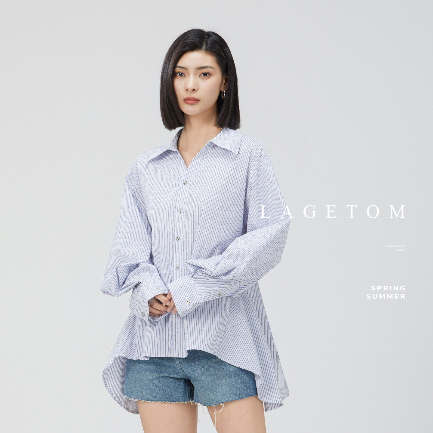 乐戈姆通勤条纹收腰中长衬衫女