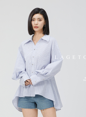 lagetom乐戈姆通勤风条纹衬衫女长袖宽松收腰中长款上衣蓝色