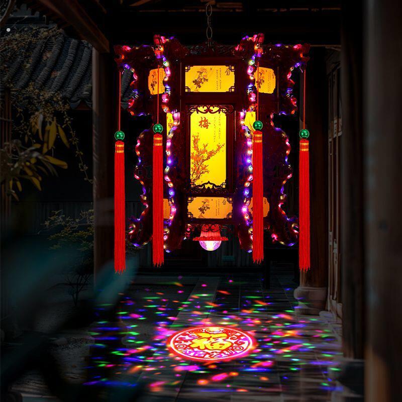春节七彩灯笼中式仿古宫灯六角中国风旋转走马灯新年阳台一对吊灯