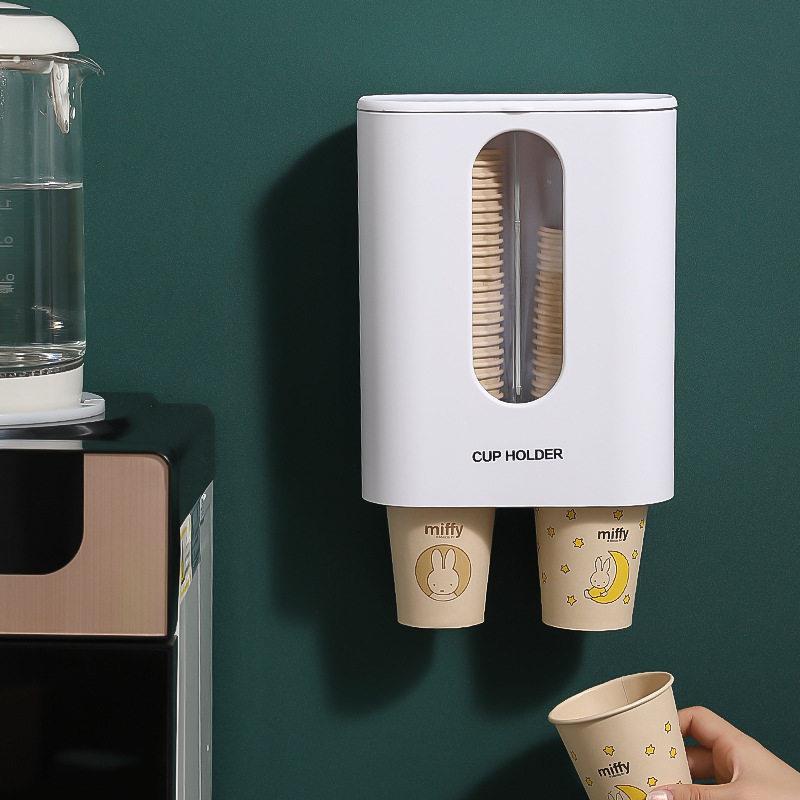 家用取杯器一次性水杯架子饮水机防尘水杯架壁挂式双筒纸杯置物架