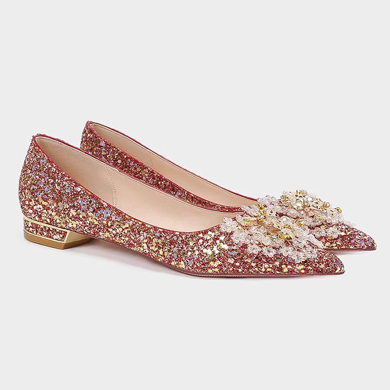 红色婚鞋女2025年新款水晶亮片