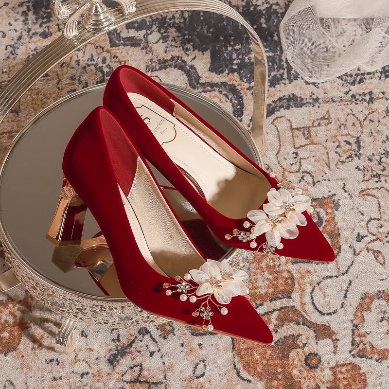 红色秀禾服婚鞋女粗跟绒面不累脚新娘鞋孕妇可穿中式订婚鞋结婚鞋,女鞋,婚鞋,淘宝优惠券,粉丝福利购,淘宝优惠卷