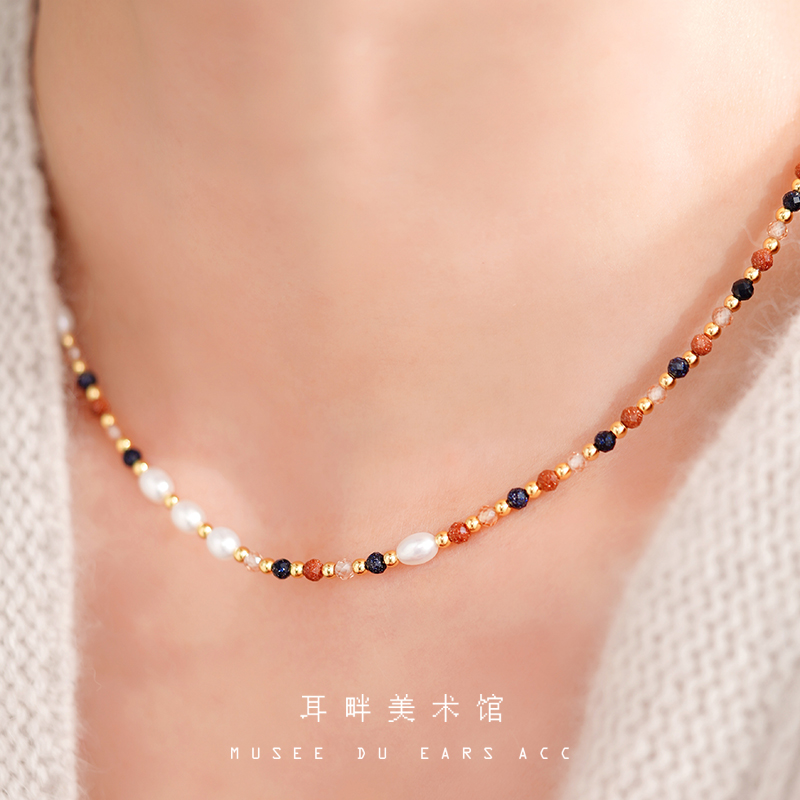 A复古金沙淡水珍珠串珠项链女