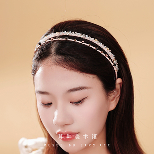 A粉水晶宝石手工串珠夏天发卡头发发箍女款 女士气质头箍压发洗脸
