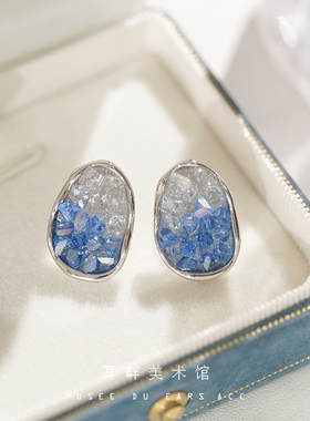 B蓝色浪花碎冰闪闪耳钉独特2025新款耳环小众耳饰女人味绝美漂亮