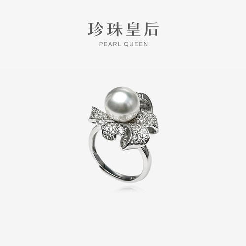 珍珠皇后 S925银9-10mm海水澳白珍珠戒指 繁花
