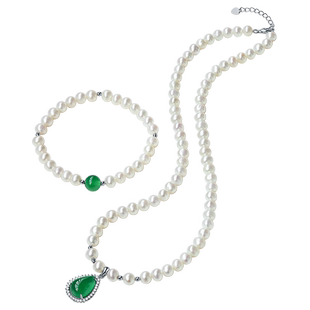 珍珠皇后 淡水珍珠项链女送妈妈款近圆强光颈链S925银玉髓两件套