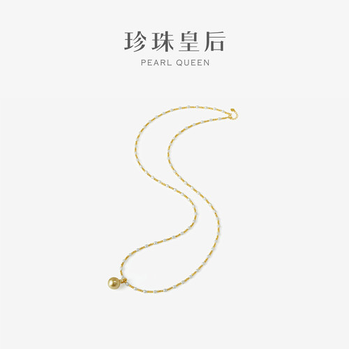 珍珠皇后 海水金珍珠吊坠S925银车花珠14-15mm毛衣链