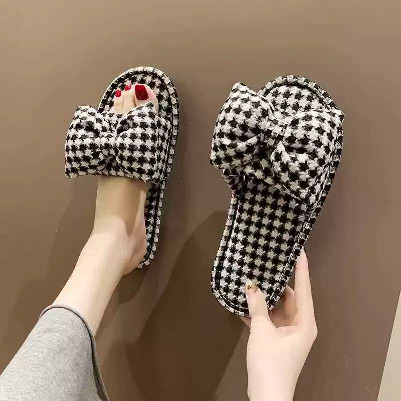 新款蝴蝶结拖鞋女春秋亚麻地板拖
