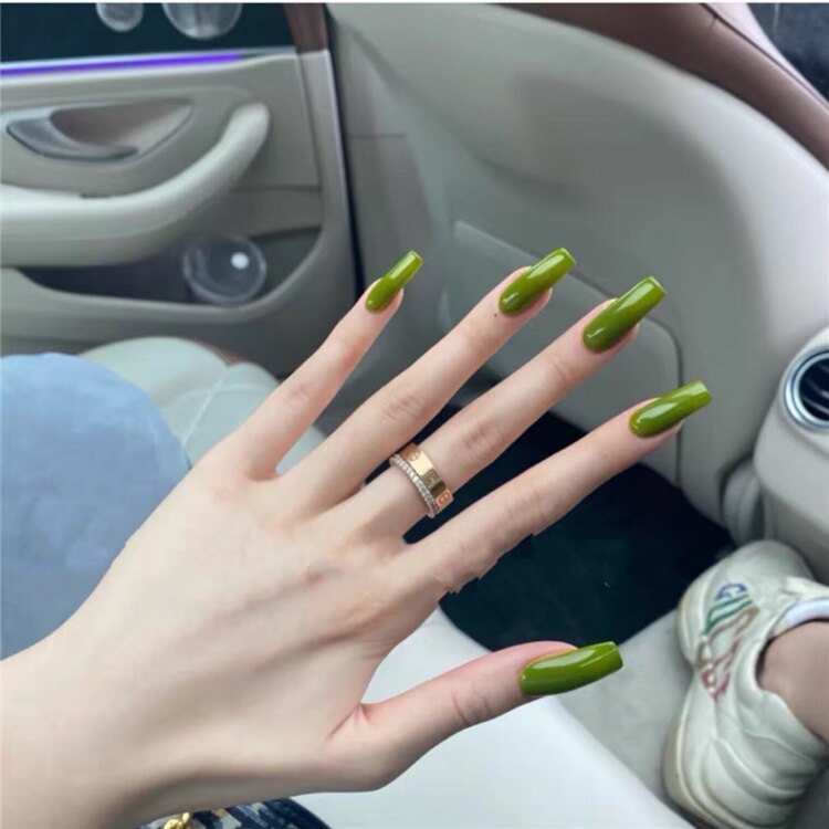 美甲纯色芥末绿显白甲片贴片可拆卸成品穿戴甲