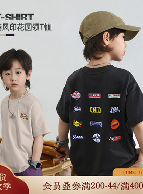 小o宝okids男童2025新款夏装短袖圆领休闲印花儿童上衣黑色百搭T