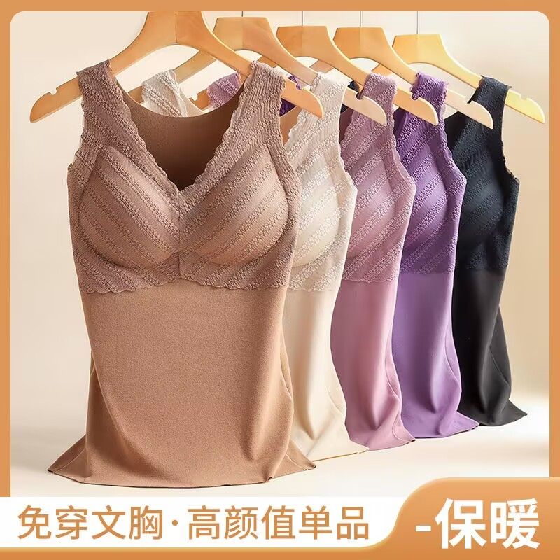 德绒蕾丝保暖背心女加厚