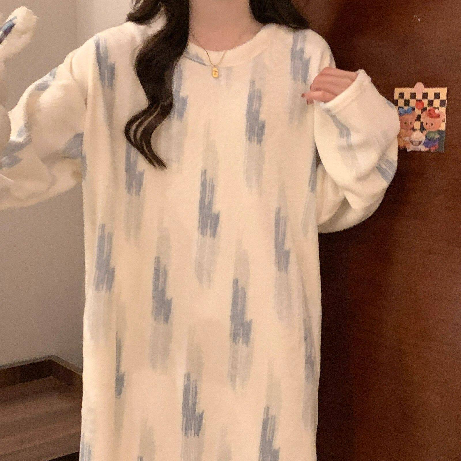 珊瑚绒睡衣裙女秋冬季加
