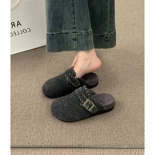 复古勃肯包头半拖鞋女秋冬外穿软底懒人鞋一脚蹬厚底增高呢子加绒