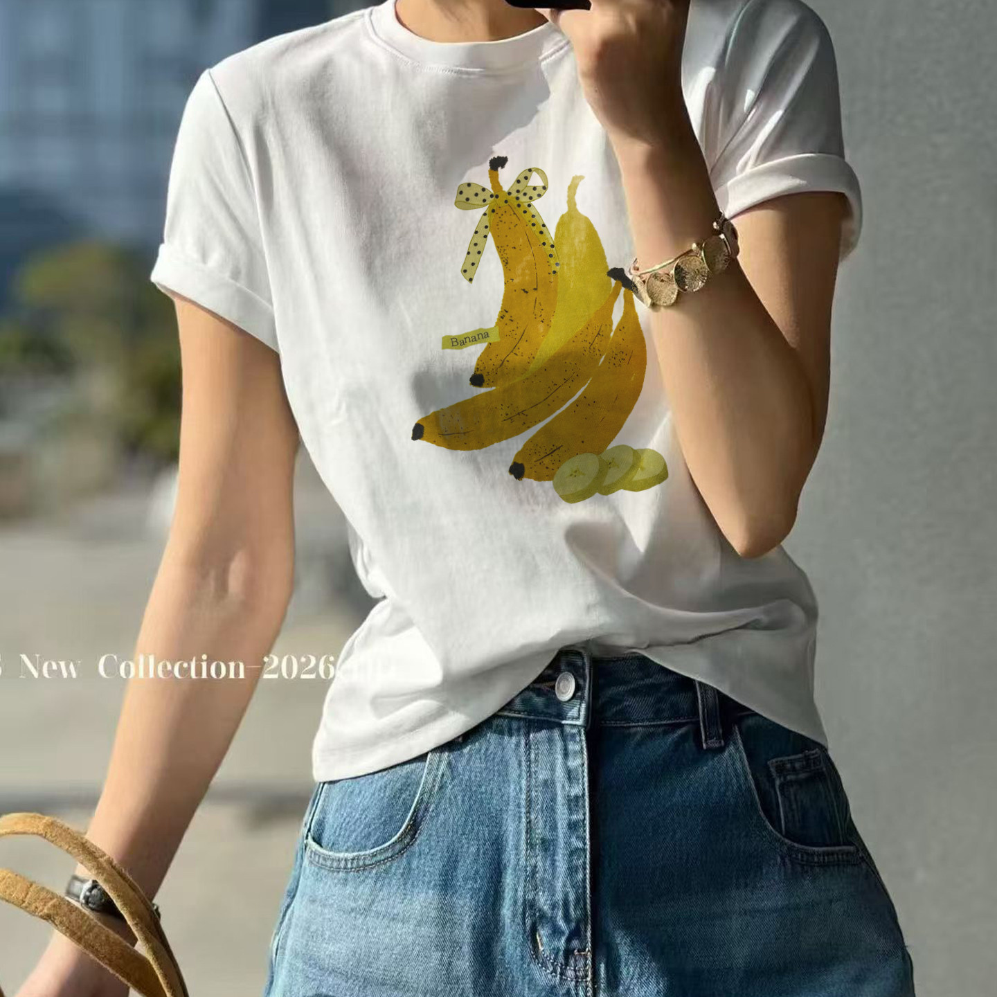 欧货南油2026夏季清新蝴蝶结香蕉印花短袖T恤女修身百搭圆领上衣