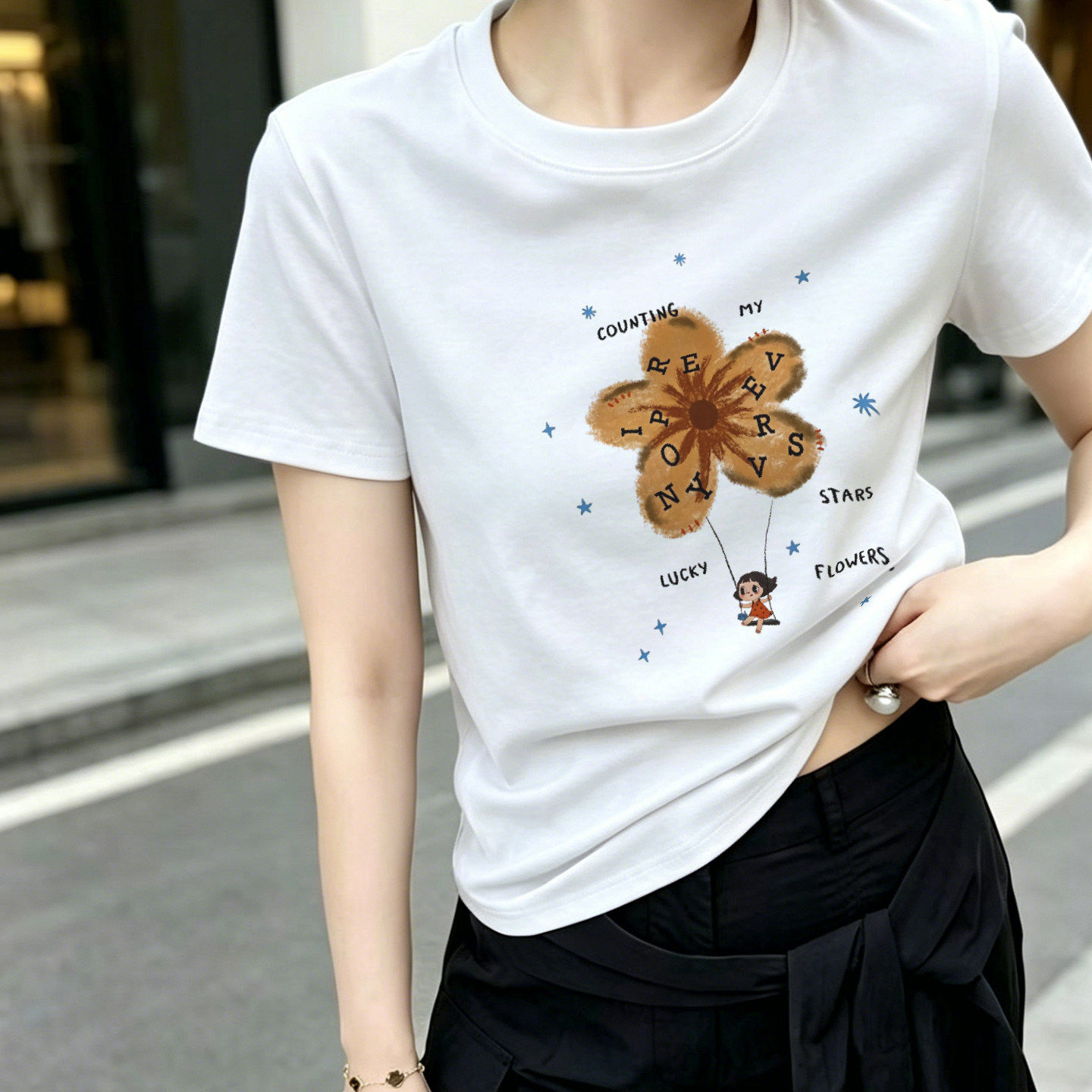欧货南油2026夏季韩系花朵气球女孩印花短袖T恤修身显瘦圆领上衣