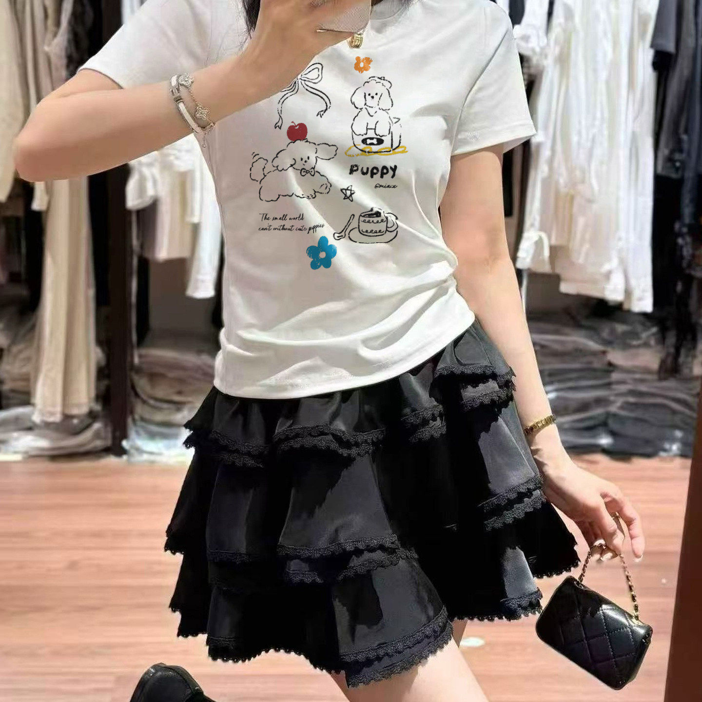 欧货南油2026夏季韩系贵宾犬碎花印花短袖T恤女显瘦修身上衣