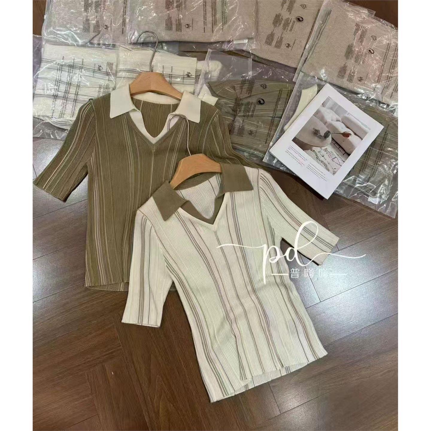 YY.DESIGN欧货南油2026秋季撞色翻领假两件条坑中袖针织衫上衣女