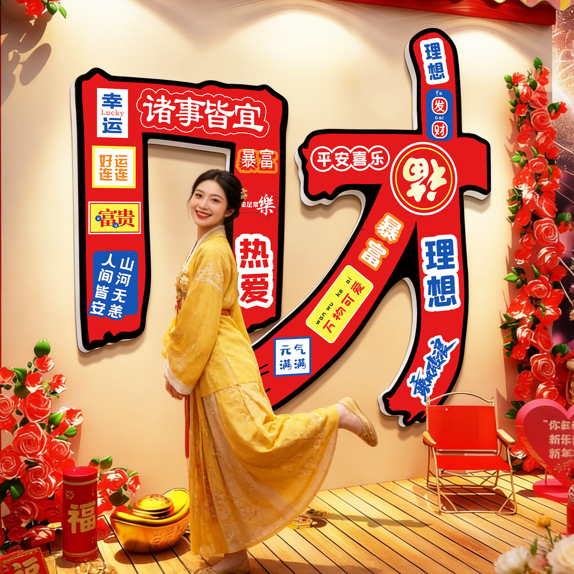 网红打卡墙造景创意发财贴纸拍照区氛围布置背景文化墙面装饰画QT,家居饰品,软装墙贴,淘宝优惠券,粉丝福利购,淘宝优惠卷