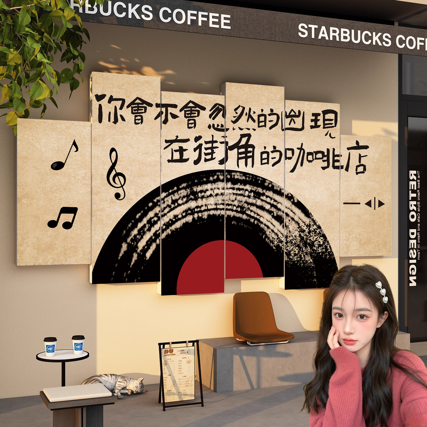 咖啡店馆厅角氛围布置网红打卡墙造景奶茶店门口装饰吸引人贴纸QT