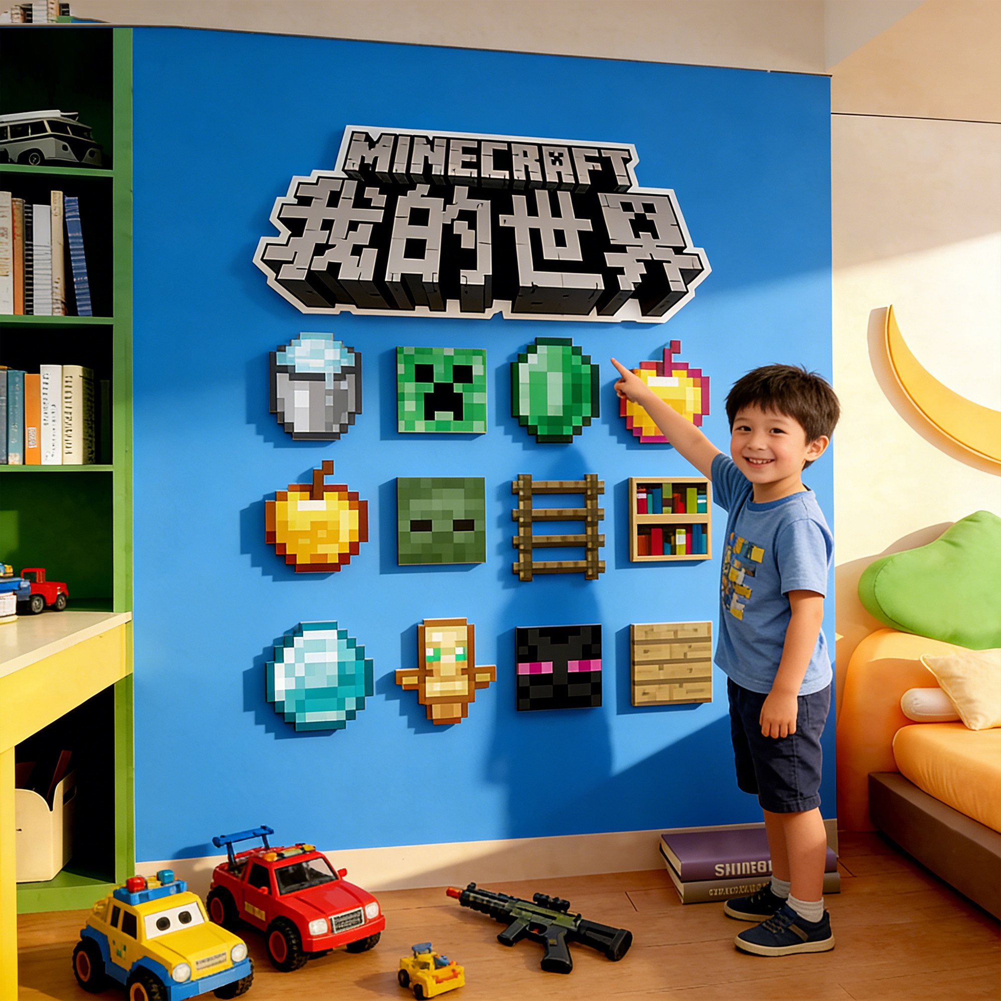 我的世界儿童房立体墙贴布置装饰