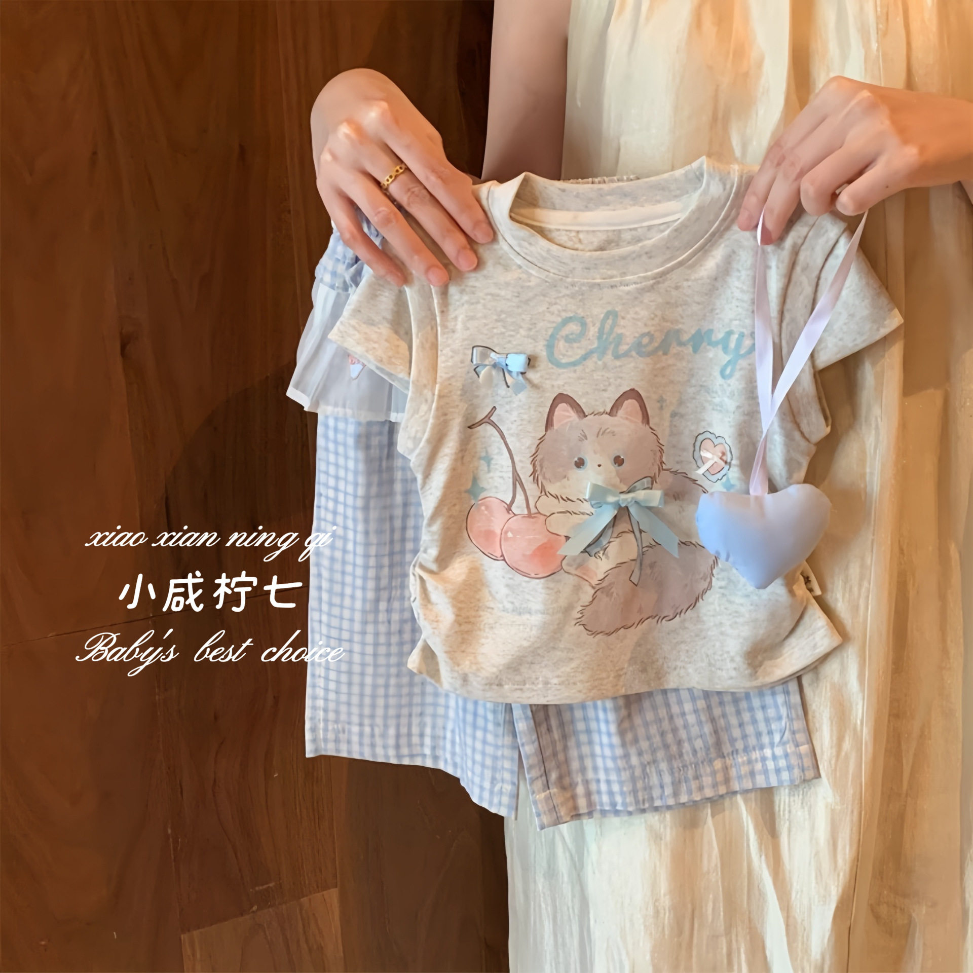 【小咸柠七】女童夏天新款小童女宝宝猫咪蝴蝶结背心阔腿裤两件套