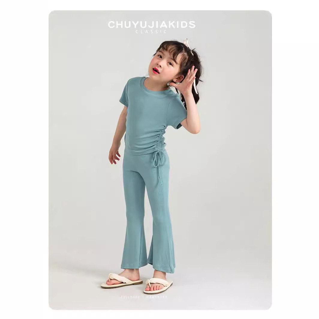 女童短袖套装夏季2026新款纯色宝宝喇叭裤子薄款休闲潮韩版处理