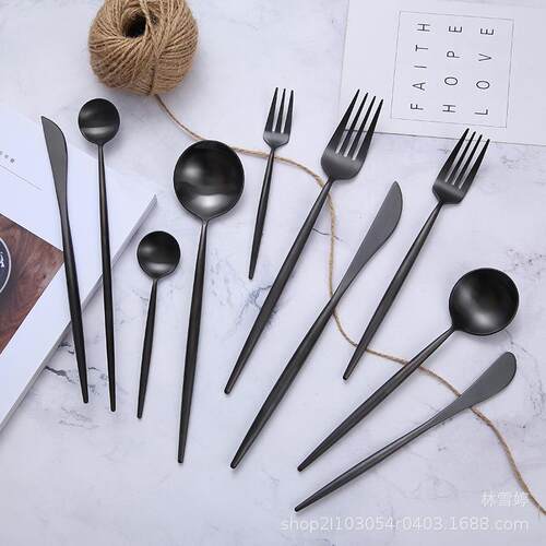 葡萄牙黑色磨砂304不锈钢牛排刀叉勺筷子北欧西餐餐具甜品叉汤勺