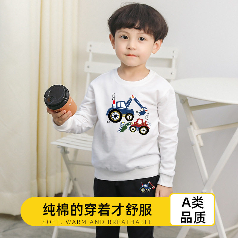 2026新款韩版男童棉长袖长裤两件套卡通挖机印花儿童卫衣套装运动