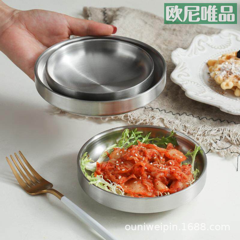 不锈钢双层泡菜碟韩国料理烤肉店加厚碗凉菜碟骨碟餐碟调料碟新品