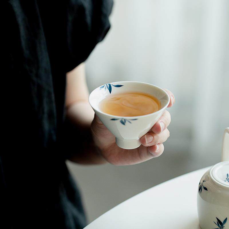 手绘蝴蝶兰花斗笠杯陶瓷茶杯家用主人杯单杯品茗杯功夫茶具