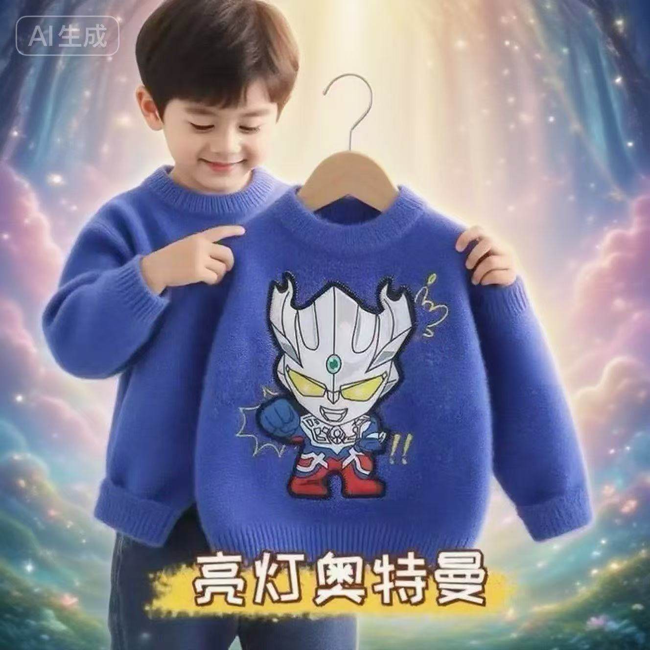 赛罗奥特曼毛衣男童2025新款打底水貂针织洋气加绒加厚一体绒亮灯