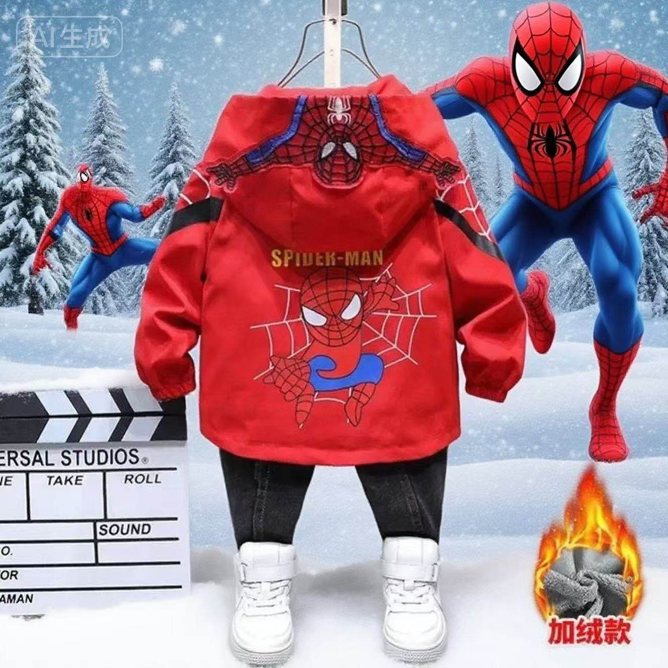 超凡女童蜘蛛侠连帽衫正版男童发光冲锋衣冬季漫威卡通连帽衫外套