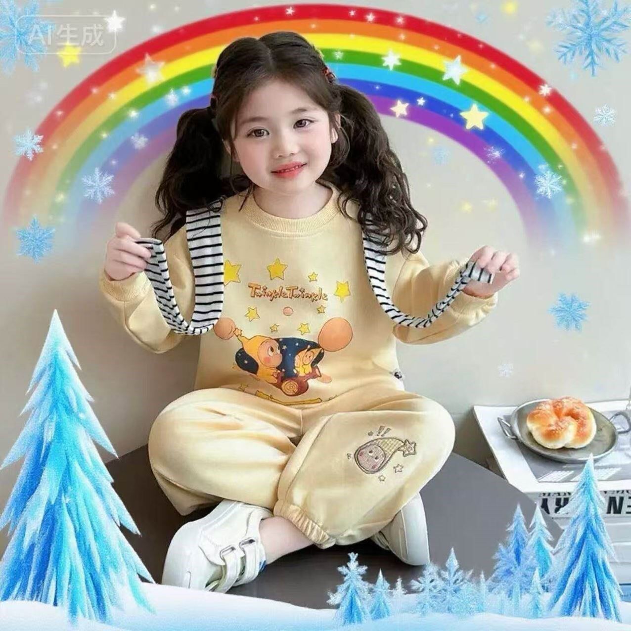 星星人女童两件套2026新款纯棉A类女孩红色纯棉卫衣条纹裤两件套