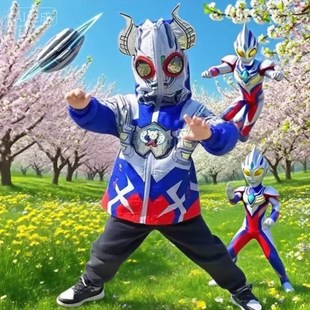 2026正版赛罗奥特曼上衣男童加绒冬季连帽3-6岁亮灯儿童运动棉衣