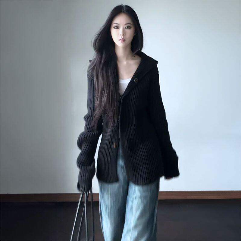 韩系慵懒风重工连帽毛衣开衫外套女学生秋冬季宽松百搭软糯针织衫