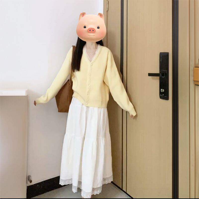 甜美可爱蝴蝶结白色吊带连衣裙女奶黄色针织开衫毛衣外套两件套装