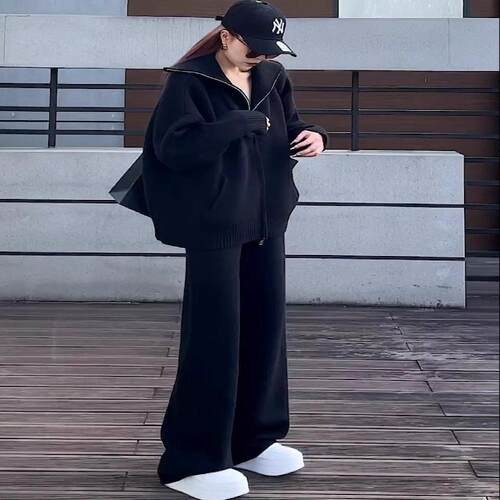 高级感休闲时尚运动套装春季新款拉链黑色宽松加厚上衣两件套女装