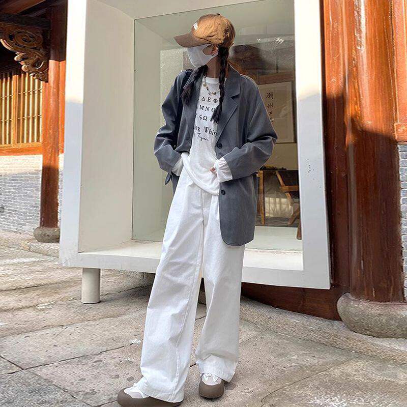 白色高腰休闲阔腿裤女2026年夏季新款小个子显瘦直筒长裤子设计感