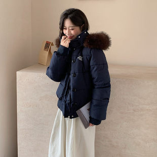 实拍藏青色连帽冬季新款女短款棉服宽松美式学院风棉衣外套潮