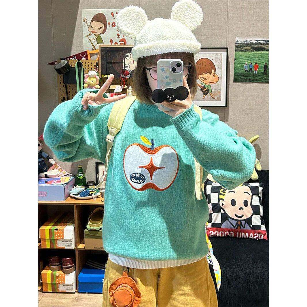 甜美可爱苹果提花圆领套头毛衣女学生秋冬新款日系宽松遮肉针织衫