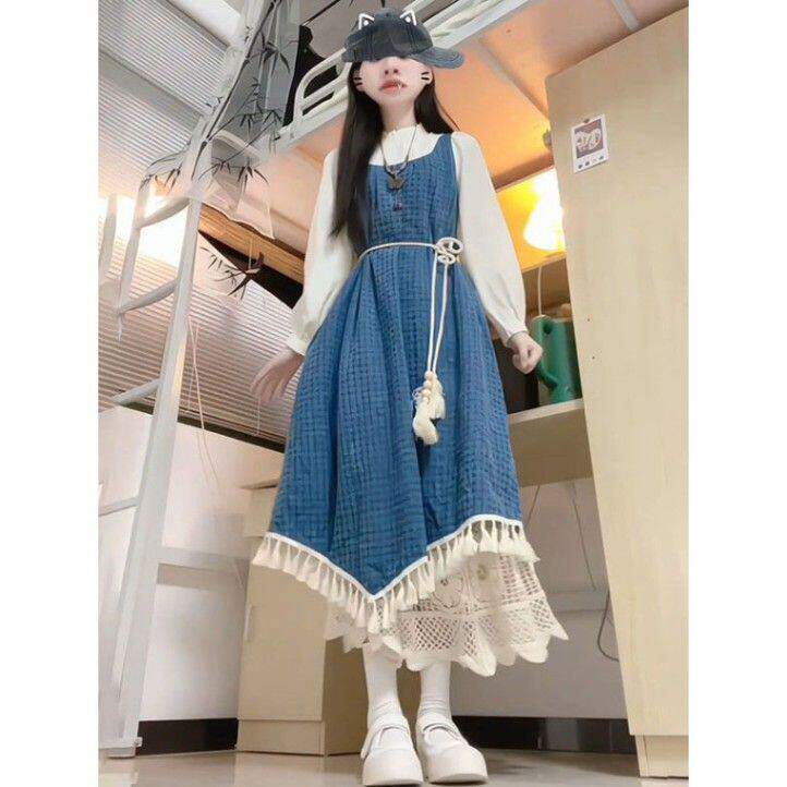 秋冬季民族风少女感格纹流苏牛仔背心连衣裙白色衬衫两件套