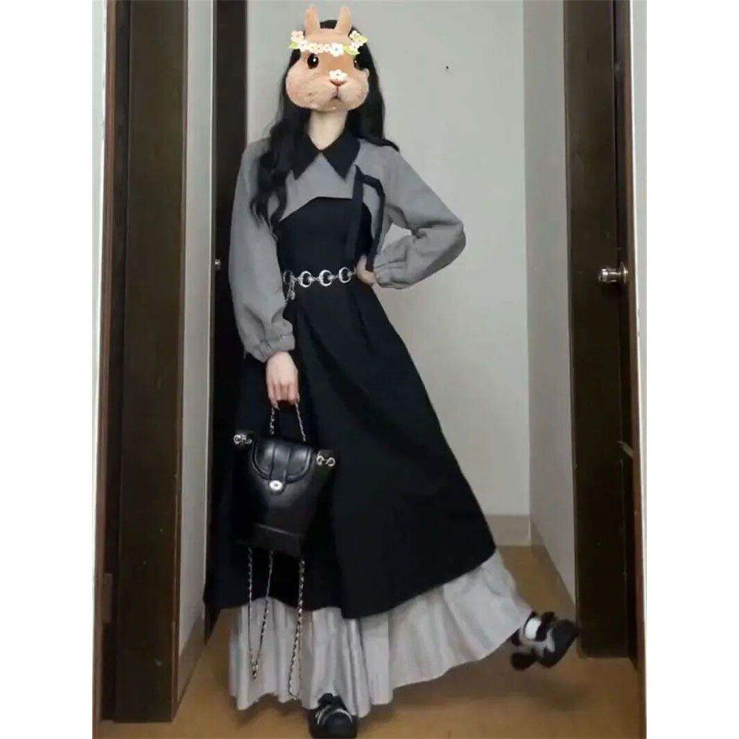 秋冬季两件套韩版甜美风气质收腰黑色背心连衣裙女灰色针织上衣