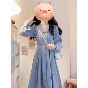 法式学院风polo领单排扣衬衫连衣裙女秋季小个子收腰显瘦超仙长裙