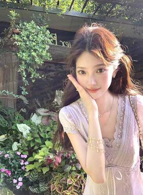 62049长款紫色v领短袖蕾丝收腰连衣裙女夏季法式复古气质a字裙子