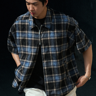 男 衬衫 TANOXI S075「夏至」磨边做旧双拉链宽松休闲口袋格纹短袖