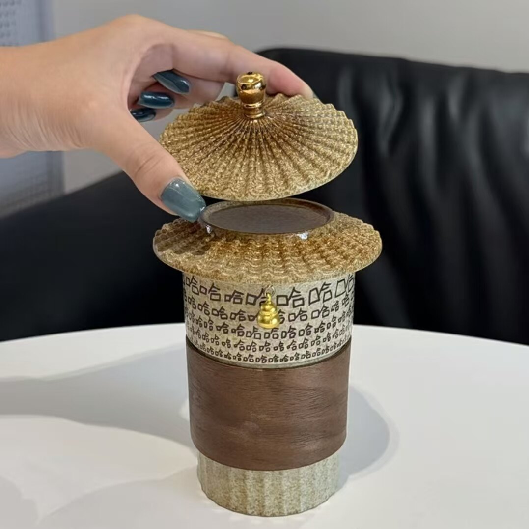 中式复古陶瓷茶杯金色盖子文字装饰半手工工艺品茶杯茶壶泡茶家用