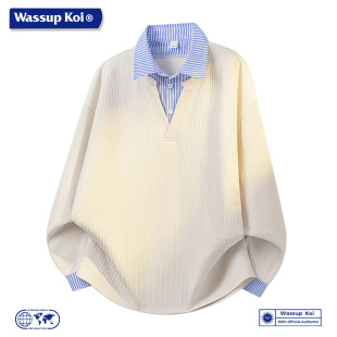领卫衣男休闲潮牌长袖 潮流假两件衬衫 上衣服男 KOI联名美式 WASSUP