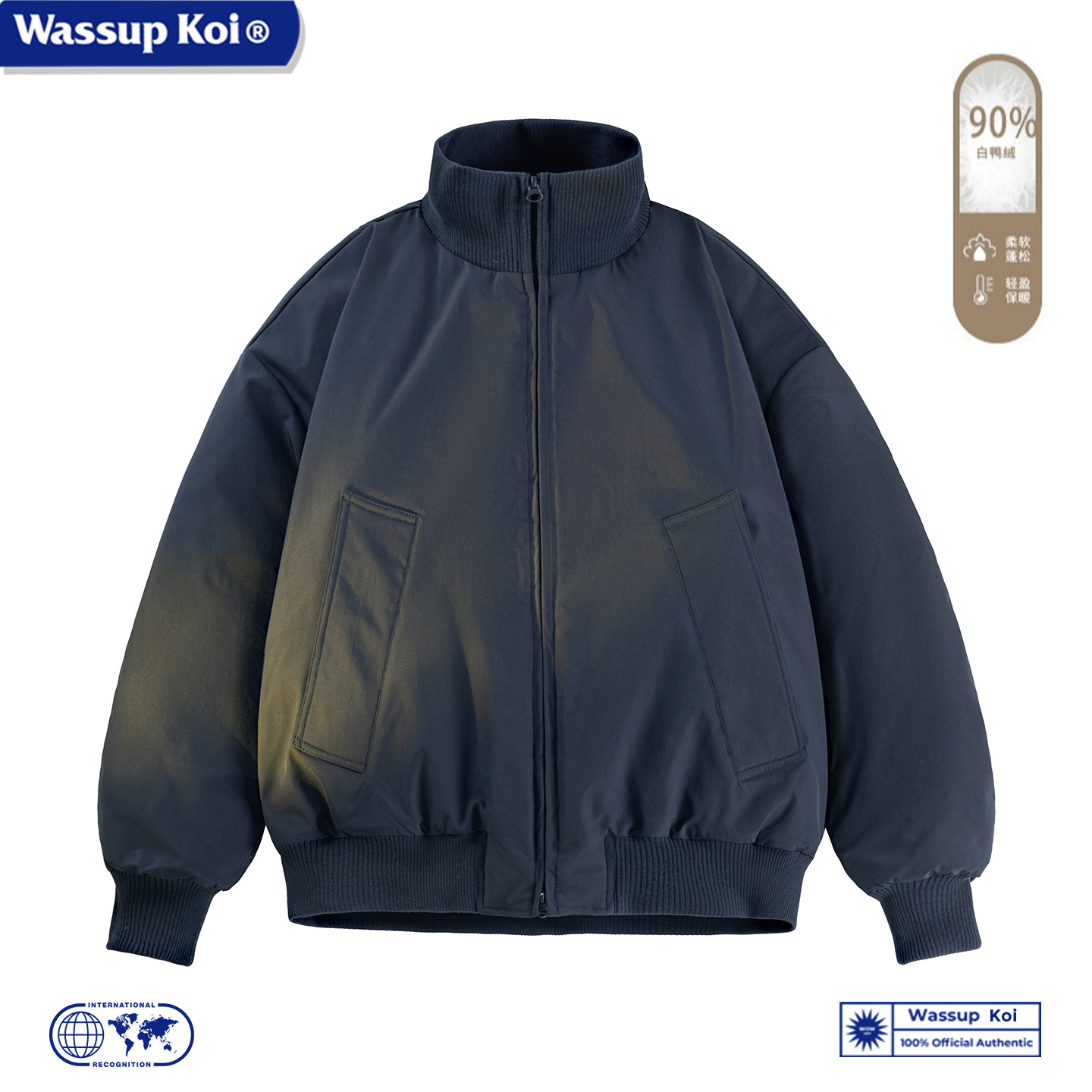 WASSUP KOI美式立领飞行员90绒羽绒服男士短款美拉德棒球服外套潮