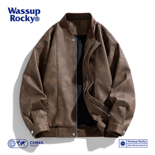 机车复古高街棒球服情侣外套 PU皮衣美拉德春秋季 WASSUP ROCKY美式